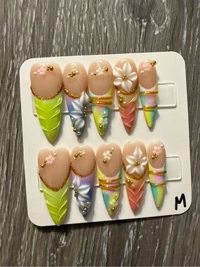 Pastel Floral 3D Stiletto Press-On Nails - Multicolor
